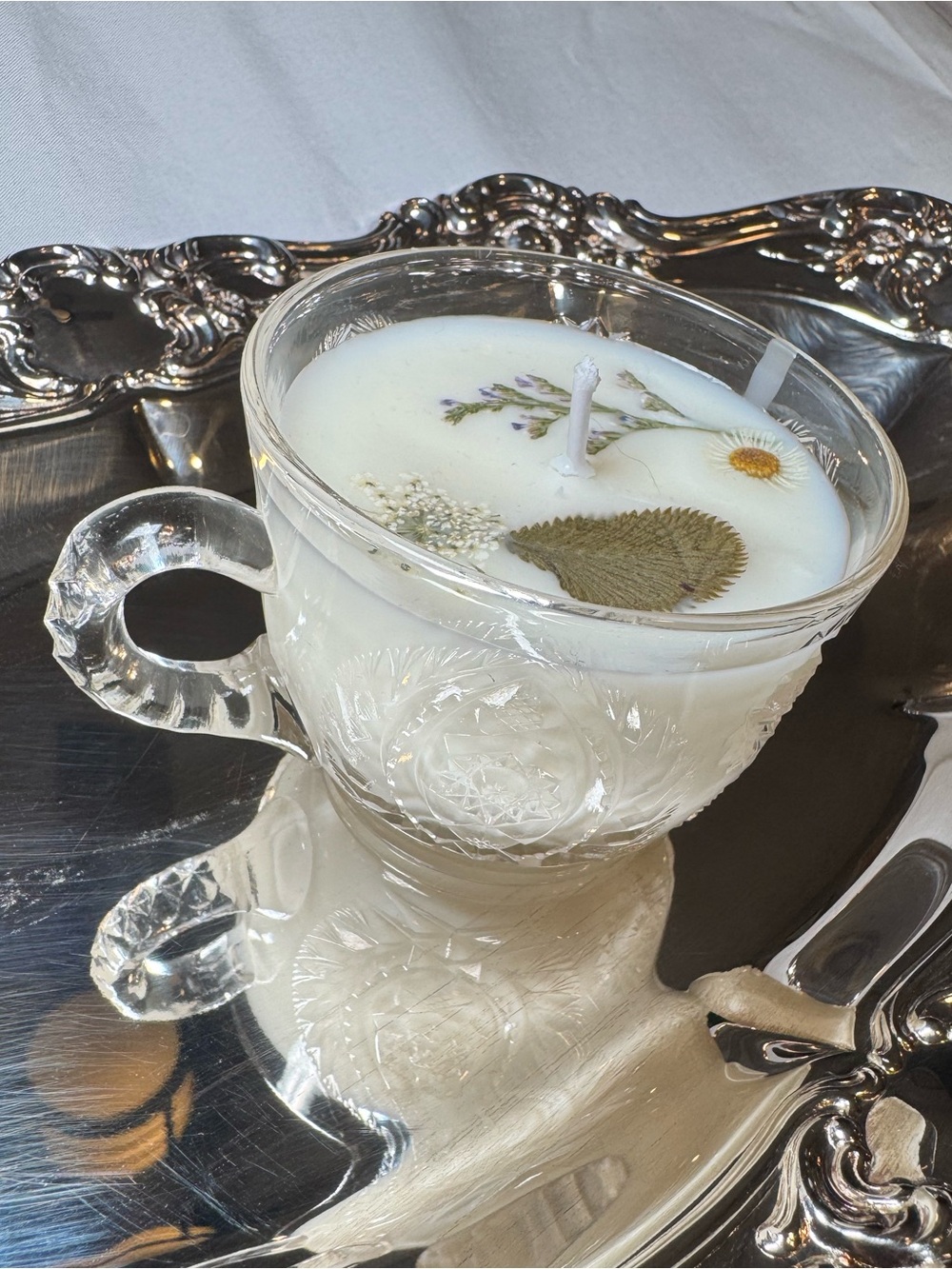 Hand-Poured White Floral Teacup Candle in Clear Glass